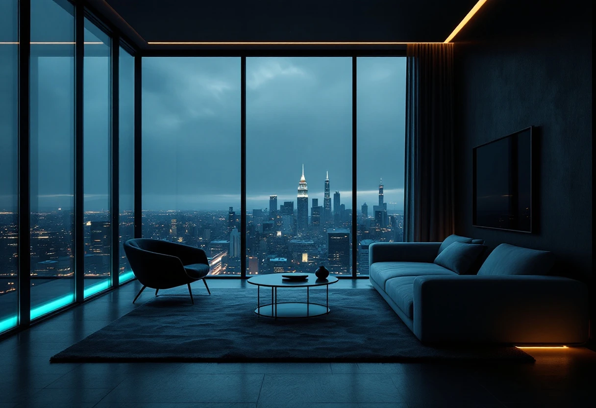A modern property interior at dusk